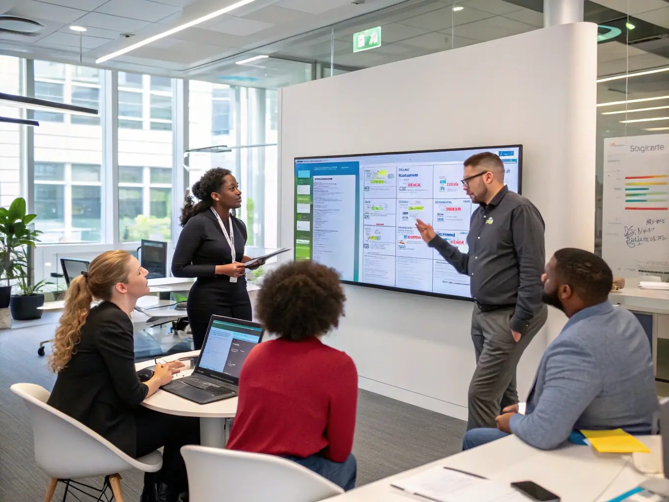 A diverse team collaborating around a digital display of Arhivator Pro, highlighting the platform's collaborative features and seamless integration with various devices.