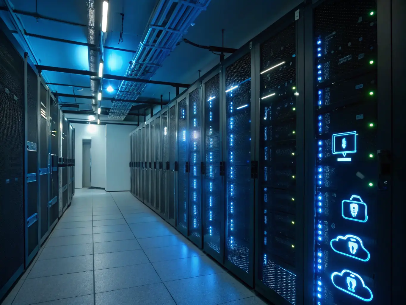 A secure server room with glowing lights and visible security protocols, symbolizing the robust security measures of Arhivator Pro. The image should inspire trust and confidence in data protection.